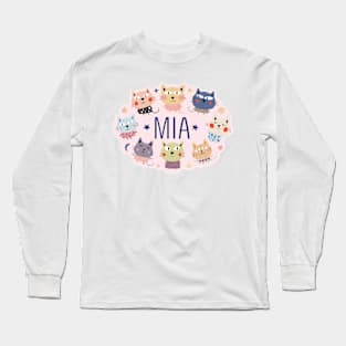 Mia name with cartoon cats Long Sleeve T-Shirt